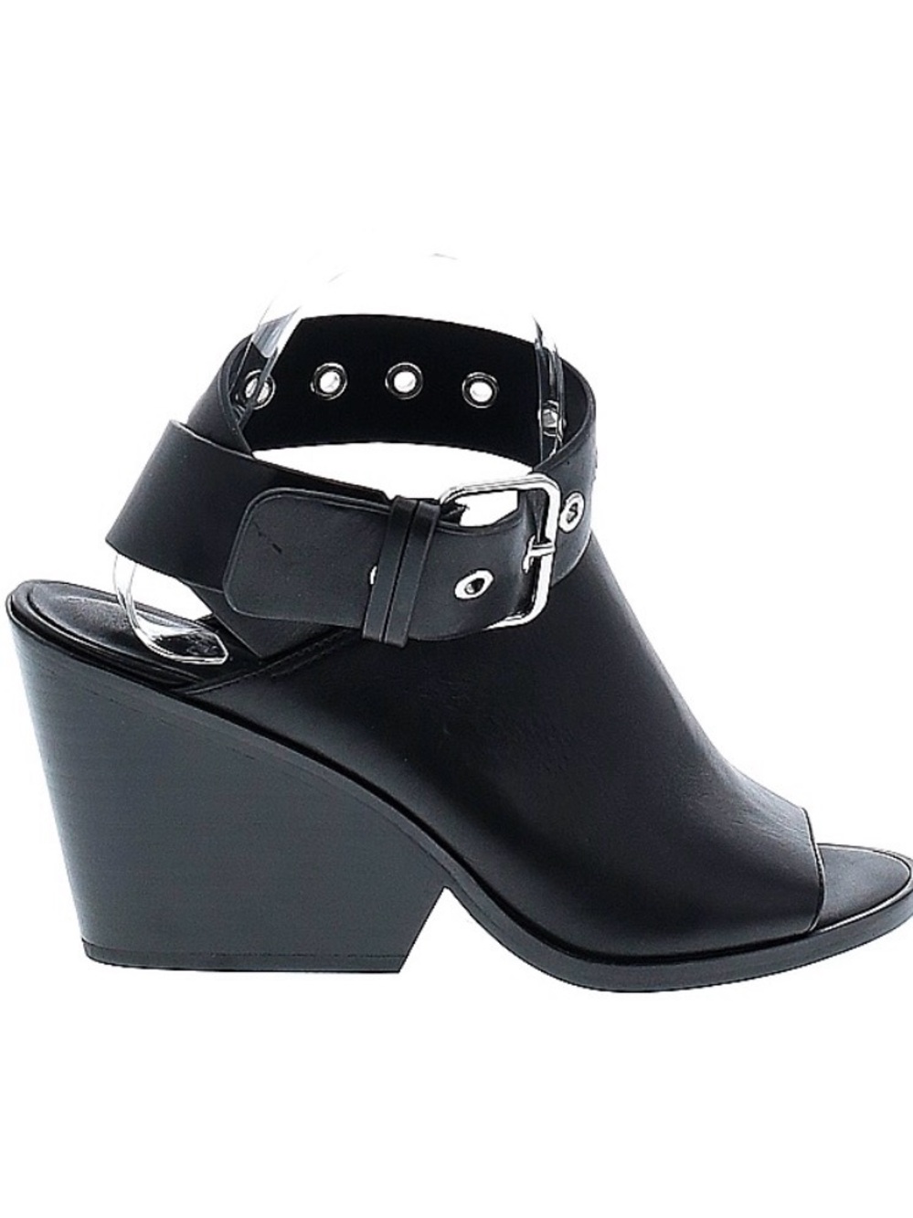 All Saints Black Leather Peep-Toe Ankle-Buckle Wedges